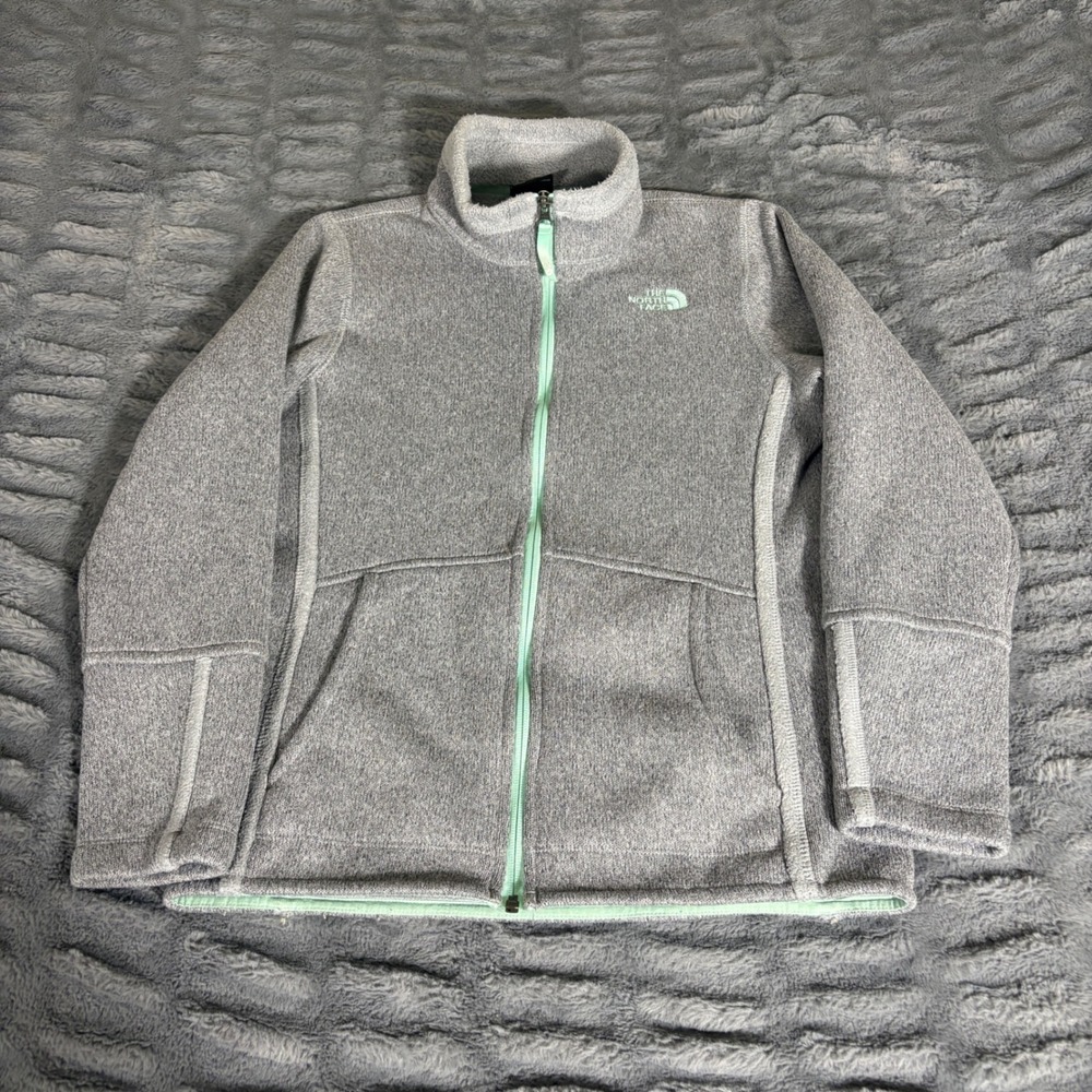 The North Face Girls Gray Heather Full Zip Fleece Jacket Mint Green Trim L 14/16
